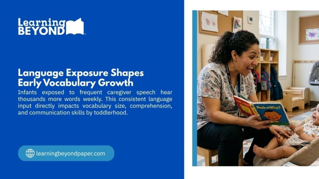 Caregiver enthusiastically reading a picture book to a laughing infant, illustrating how language exposure shapes early vocabulary growth and communication skills.