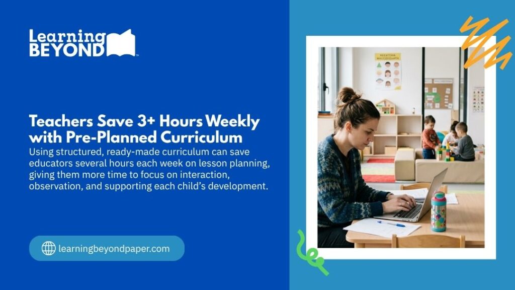 Daycare teacher working on a laptop in a classroom while toddlers play, showing how pre-planned curriculum saves teachers 3+ hours weekly on lesson planning.