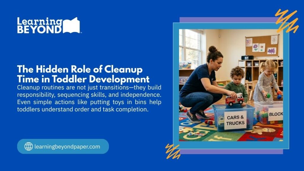 Teacher guiding toddlers in sorting toys into labeled bins, revealing the hidden role of cleanup time in toddler development by building responsibility and sequencing skills.