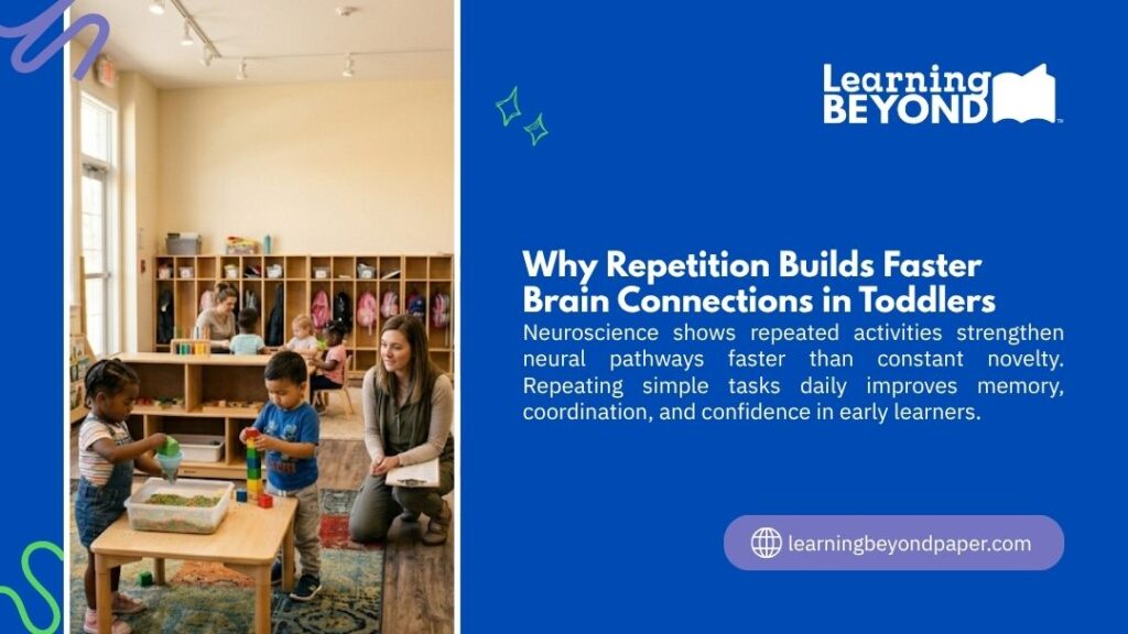 Teacher and toddlers stacking colorful blocks in a daycare classroom, illustrating how repetition builds faster brain connections and strengthens neural pathways.