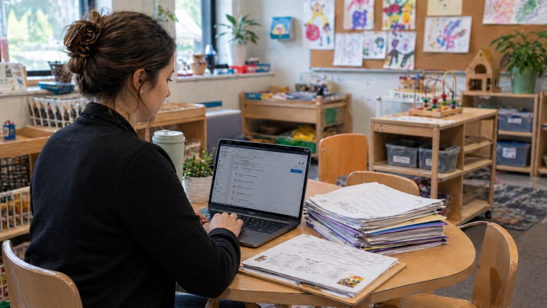 A childcare educator works on a laptop beside stacks of paper documents in a classroom, illustrating the transition from paper to digital curriculum.
