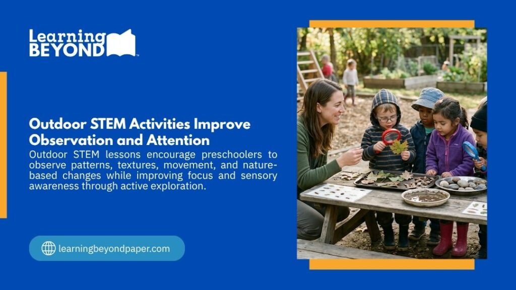 Learning Beyond graphic "Outdoor STEM Activities Improve Observation and Attention" showing a teacher and young children examining leaves and natural objects with a magnifying glass at a picnic table.