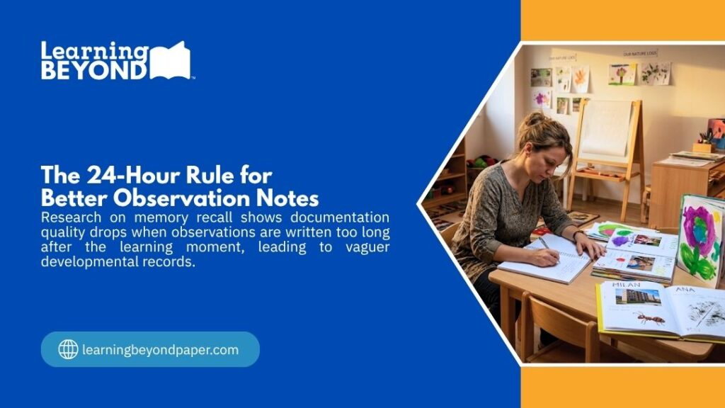 Learning Beyond graphic of an educator writing at a table, highlighting the 24-hour rule for better observation notes.
