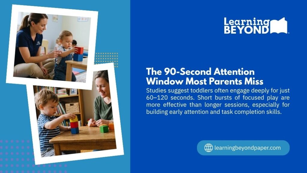 Caregivers engaging toddlers in short focused block-play sessions, illustrating the 90-second attention window most parents miss for building early task completion skills.