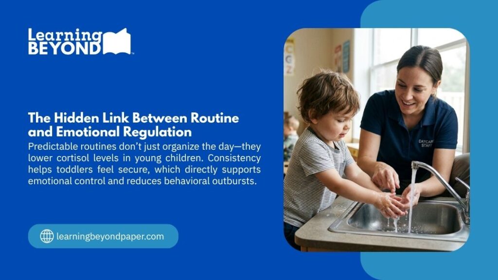 Daycare staff guiding a toddler through a handwashing routine, revealing the hidden link between consistent daily routines and emotional regulation in young children.