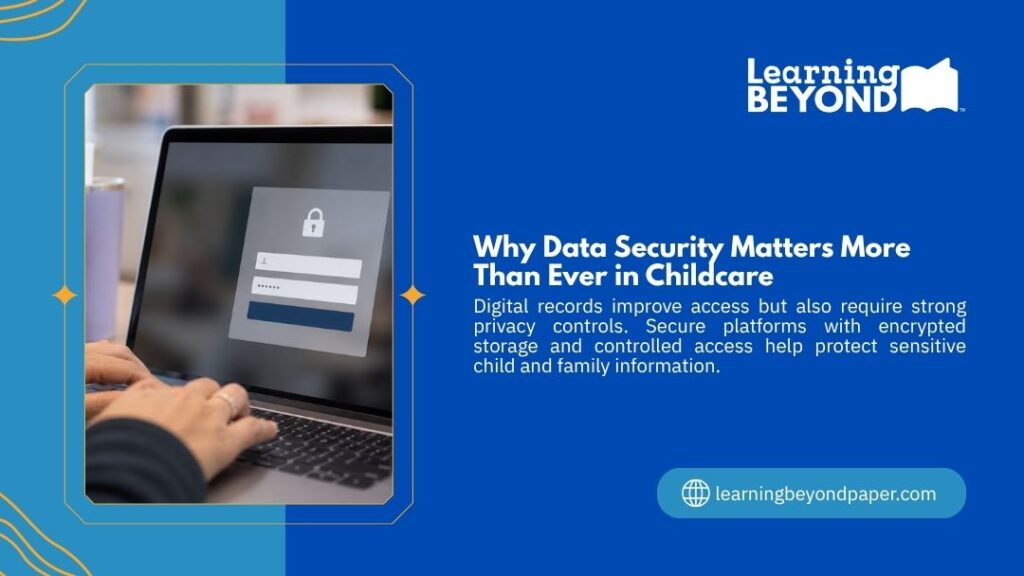 how to transition from paper curriculum to digital in childcare - A person types on a laptop displaying a secure login screen with a lock icon, highlighting why data security matters more than ever in childcare.