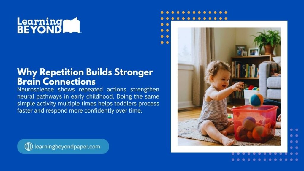 Happy toddler repeatedly placing balls into a container at home, demonstrating how repetition builds stronger brain connections and neural pathways in early childhood.