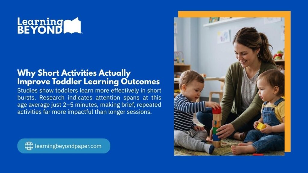 Teacher engaging two toddlers in a brief block-stacking activity on the floor, showing why short activities of 2–5 minutes actually improve toddler learning outcomes.