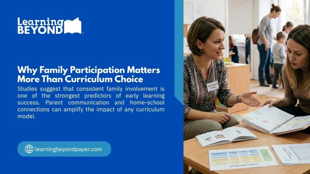 Two women reviewing educational books and documents at a table, with headline "Why Family Participation Matters More Than Curriculum Choice" by Learning Beyond.