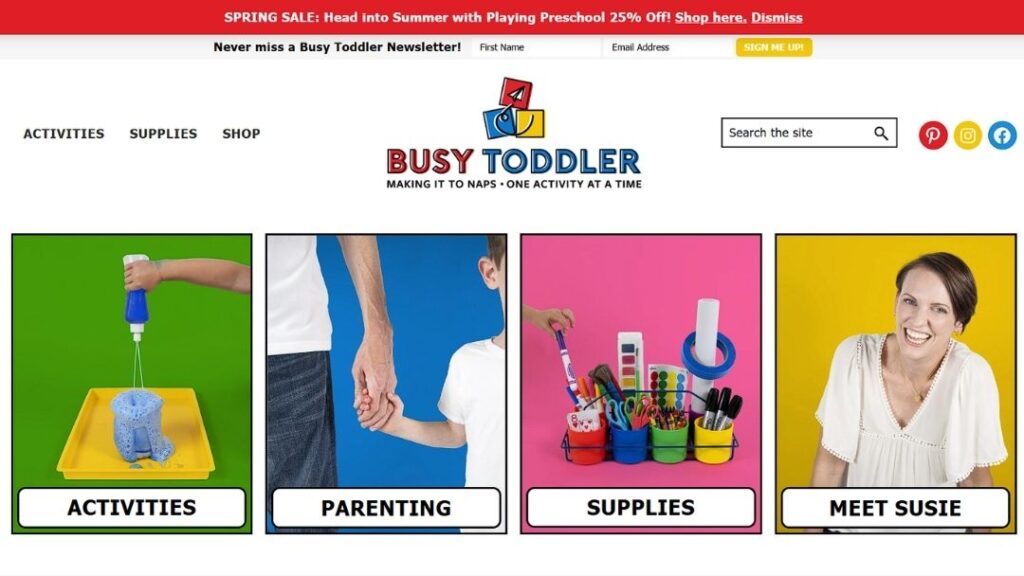 Busy Toddler homepage with colorful category tiles for Activities, Parenting, Supplies, and Meet Susie, plus a newsletter signup and spring sale banner.