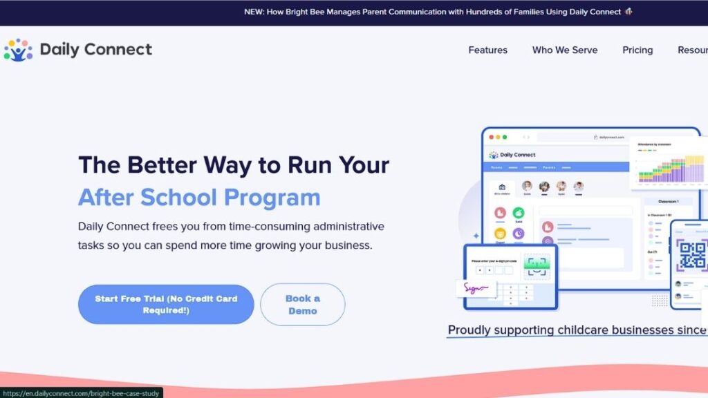 Daily Connect homepage: "The Better Way to Run Your After School Program," describing admin-task automation, with app screens showing attendance, check-in, and classroom dashboards.
