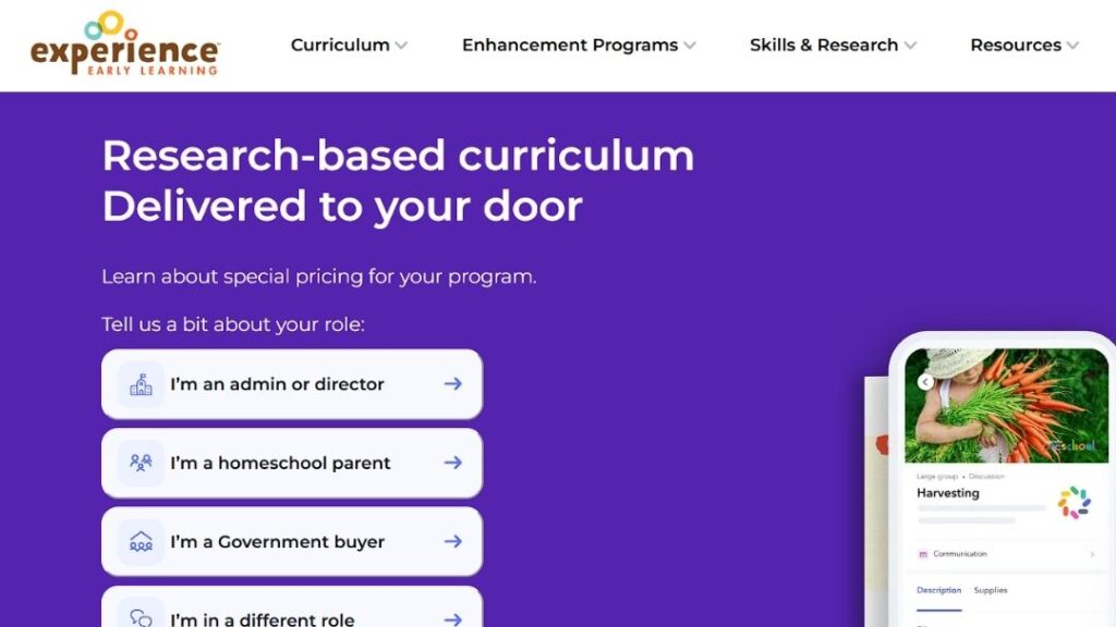 Experience Early Learning homepage: "Research-based curriculum Delivered to your door," with role-selection buttons and a phone showing a preschool harvesting lesson.