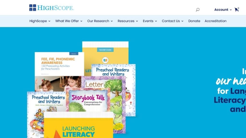 HighScope website page showing a display of early literacy curriculum materials for preschoolers, including titles on phonemic awareness, reading, writing, and storybook comprehension.