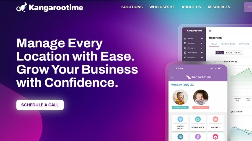 Kangarootime homepage: "Manage Every Location with Ease. Grow Your Business with Confidence," with app and dashboard screens showing reporting, check-in, and attendance features.