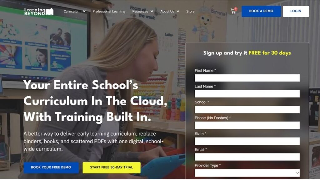 Learning Beyond homepage: "Your Entire School's Curriculum In The Cloud, With Training Built In," with a free-trial signup form and a teacher working with a child in the background.