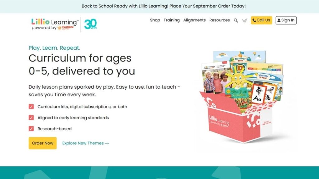 Lillio Learning homepage: "Curriculum for ages 0-5, delivered to you," highlighting play-based, standards-aligned lesson plans, with a box of curriculum kit materials.