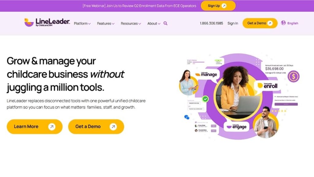 LineLeader by ChildcareCRM homepage: "Grow & manage your childcare business without juggling a million tools," with dashboard graphics for manage, enroll, and engage features.