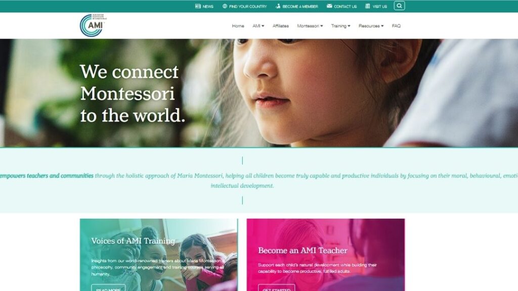 AMI (Association Montessori Internationale) homepage: "We connect Montessori to the world," with a close-up of a young child and links to teacher training and membership.