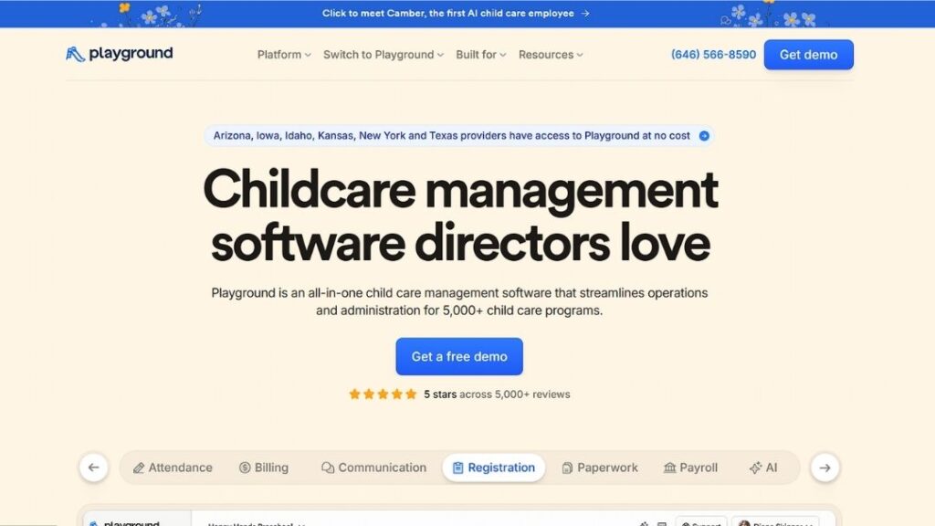 Playground homepage: "Childcare management software directors love," noting 5,000+ programs and a 5-star rating, with feature tabs for attendance, billing, and registration.