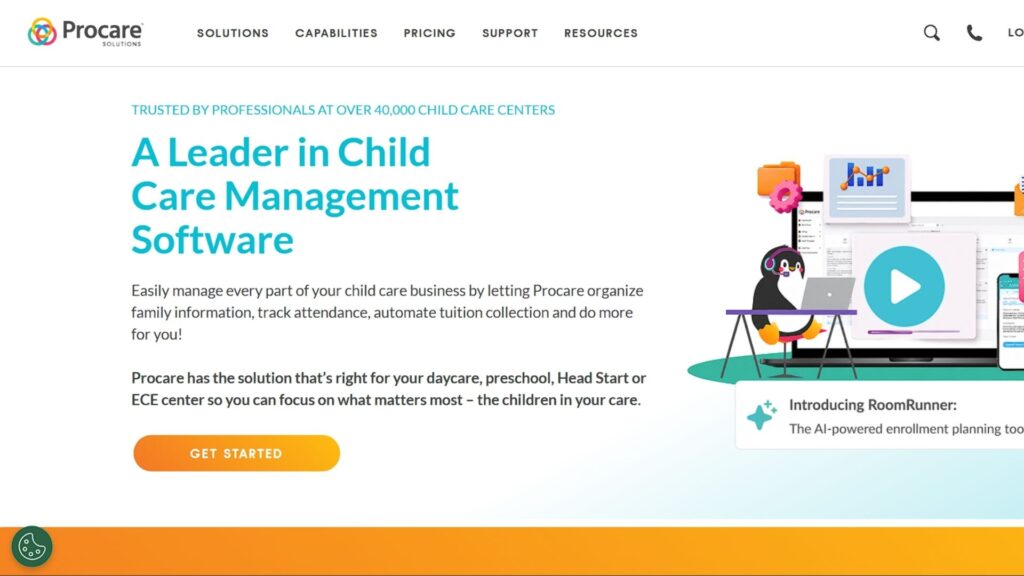 Procare Solutions homepage: "A Leader in Child Care Management Software," noting it's trusted by 40,000+ centers, with a penguin mascot and dashboard illustration.