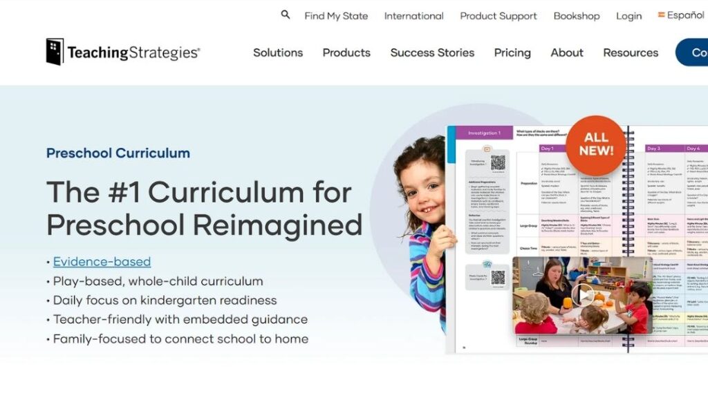 Teaching Strategies homepage: "The #1 Curriculum for Preschool Reimagined," listing an evidence- and play-based approach, with a smiling child and curriculum guide preview.