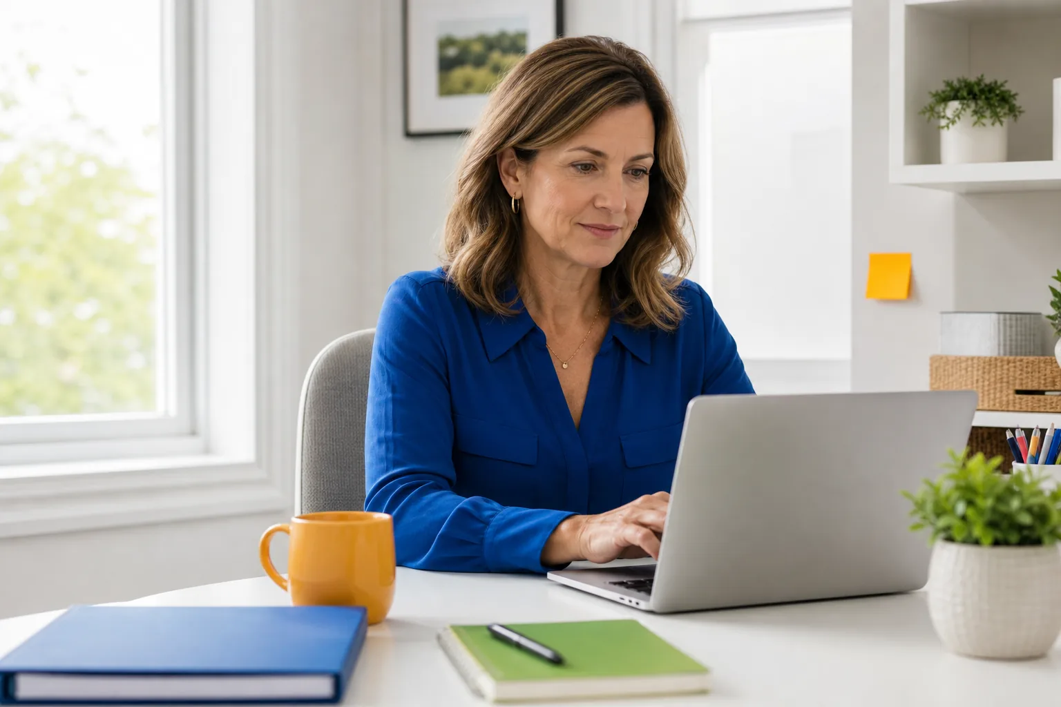A childcare center director calmly reviewing weekly lesson plans on a laptop in a bright office nook.