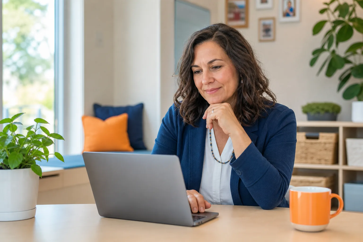 Childcare center director reviewing a digital curriculum on a laptop in a bright office nook