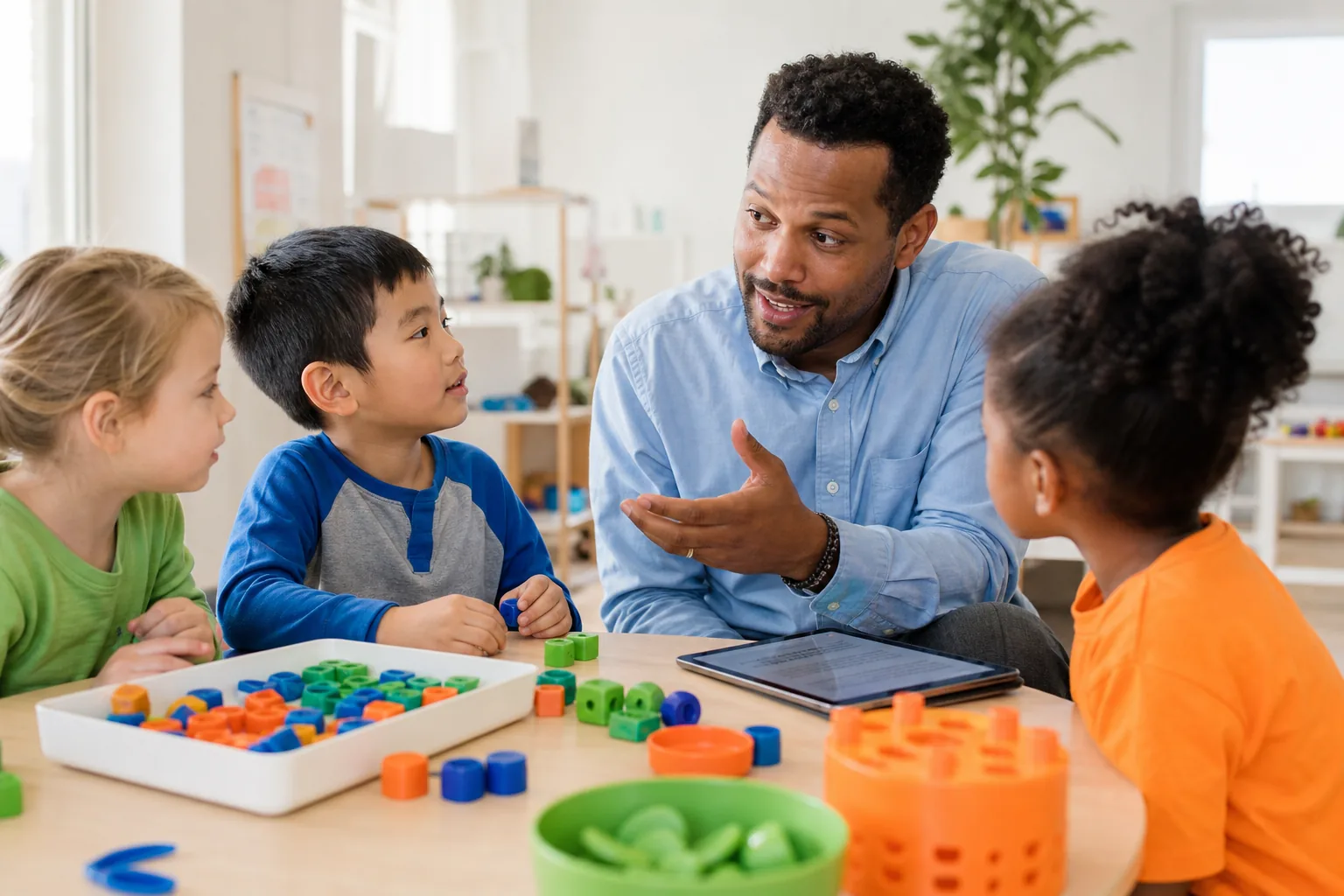 Teacher asking an open-ended question to a small group of engaged preschoolers during a hands-on activity