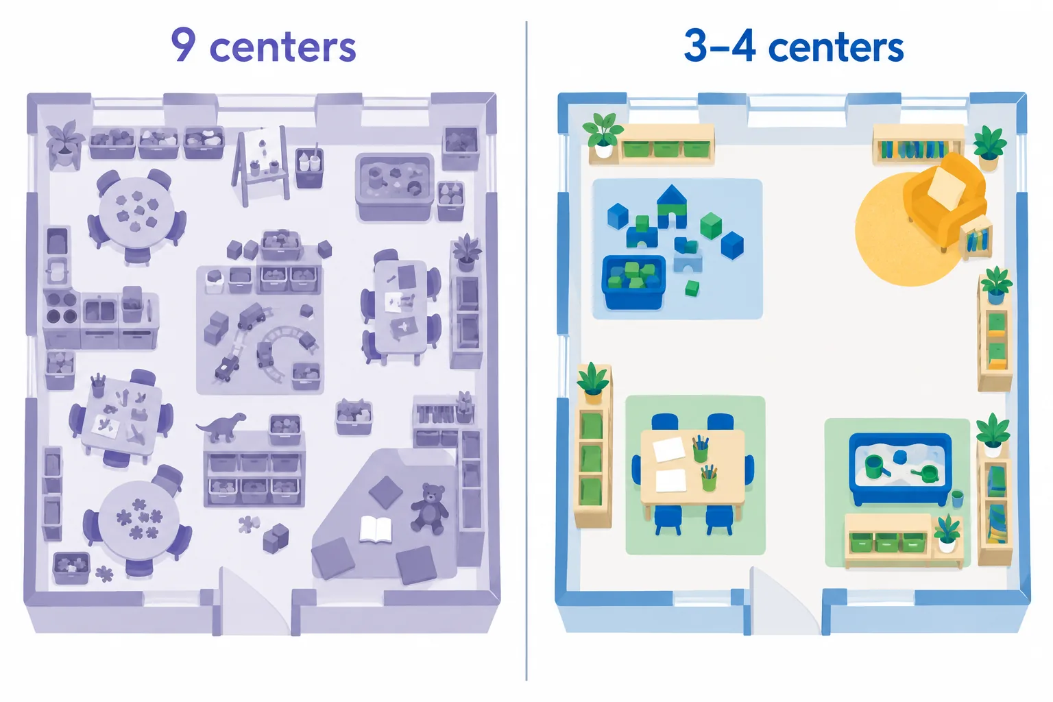 Side-by-side illustration of a preschool room crowded with nine centers next to a calmer room with only three or four centers open for the first week