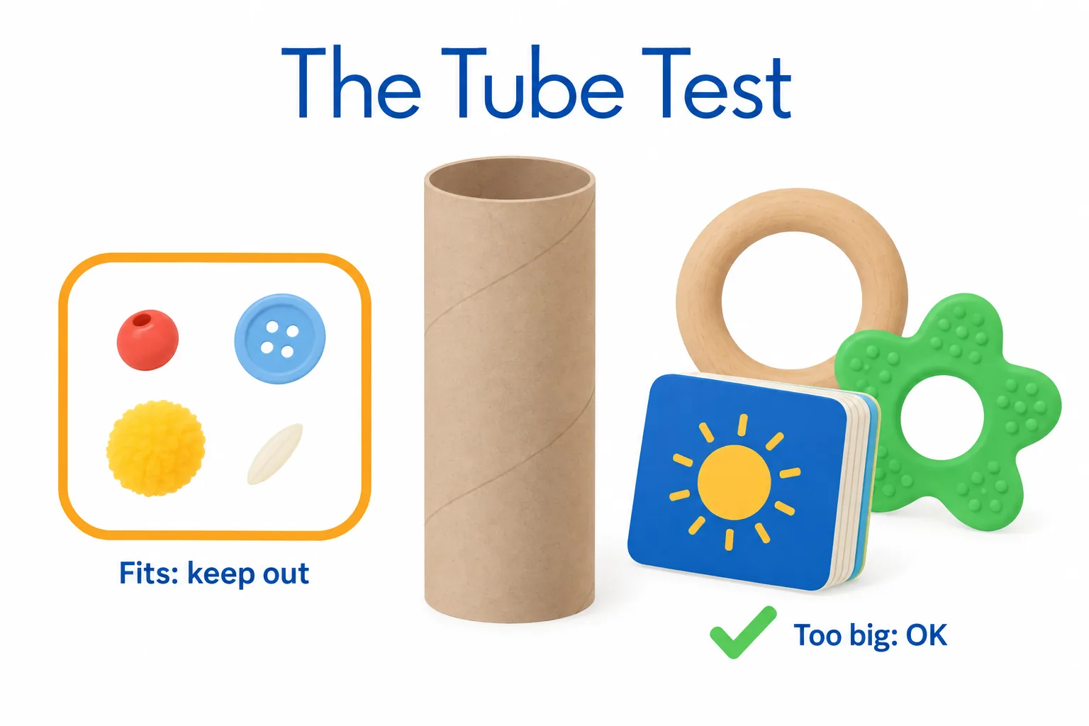 Tube test diagram showing beads, buttons, pom-poms and dry rice fitting through a toilet paper tube and so kept out of the infant room, while large rings, board books and teethers are too big and safe